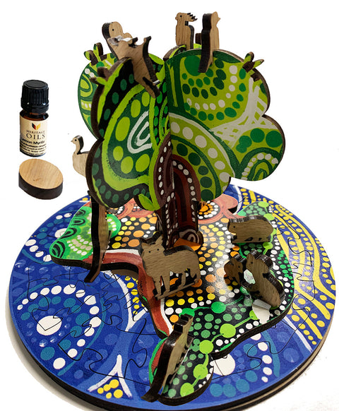 Kevin's, 'BOAB Tree and Friends'. DIY Puzzle and Ornament/Conversation piece - Containing 83 shapes/pieces to assemble a complete tree, 4mm & 6mm thick pieces. Includes 5ml of Aussie essential oil and sandalwood diffuser. Assembly instructions included.