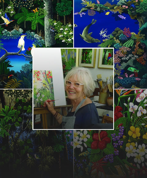 A collage graphic of Johanna Hildebrandt and her art