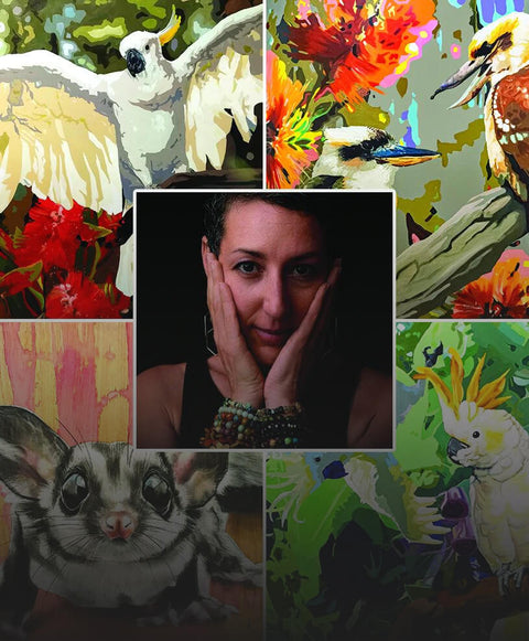 A collage graphic of Karen Bloomfield and her art