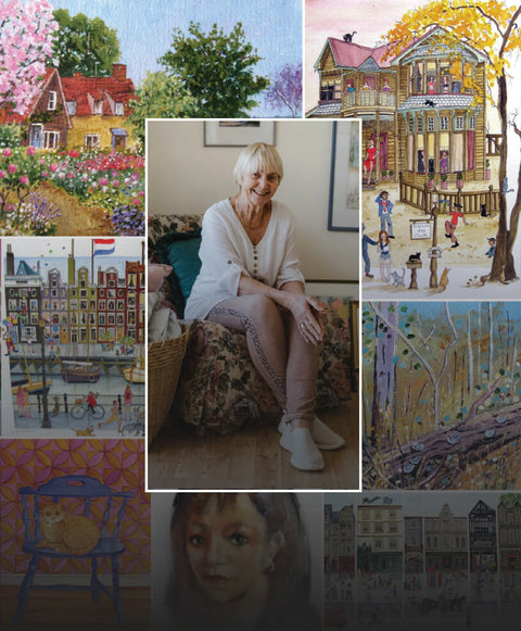 A collage graphic of Jan Dedman and her art
